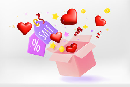 Opened box with hearts, sale tags and confetti. Valentines day Sale concept. 3d vector bannerのイラスト素材