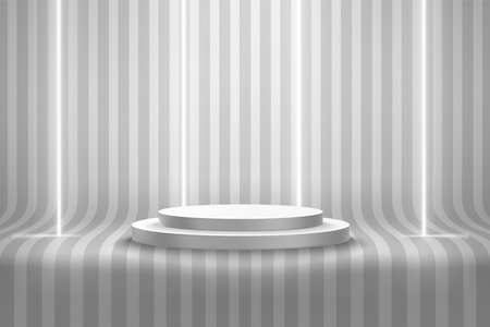 Empty room with podium and neon lamps and stripes on the floor. 3d style vector illustrationのイラスト素材