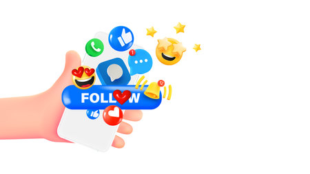 Man holding smartphone with emojis. 3d banner with copy spaceのイラスト素材
