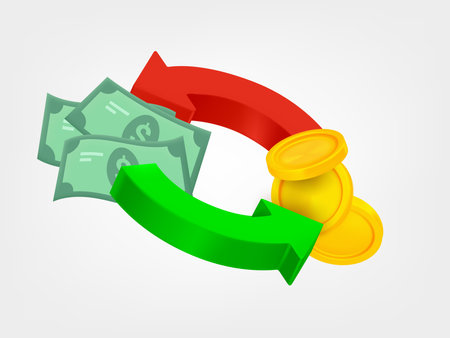 Two arrows with coins and dollar banknotes. Money change concept. 3d vector icons isolated on white backgroundのイラスト素材