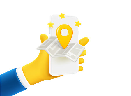 Businessman holding smartphone with map app on the screen. 3d vector illustrationのイラスト素材