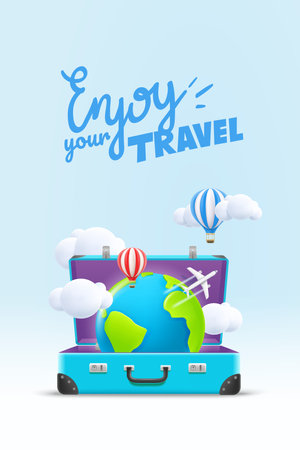 Blue suitcase with the Earth. World travel concept with calligraphic inscription. 3d vector illustrationのイラスト素材