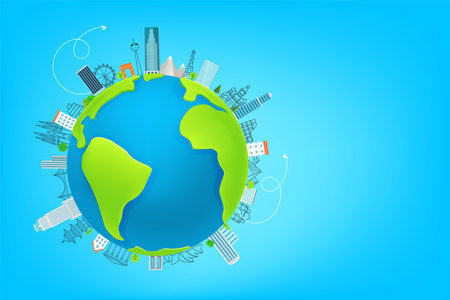 World travel concept with famous world sights. Banner with copy spaceのイラスト素材