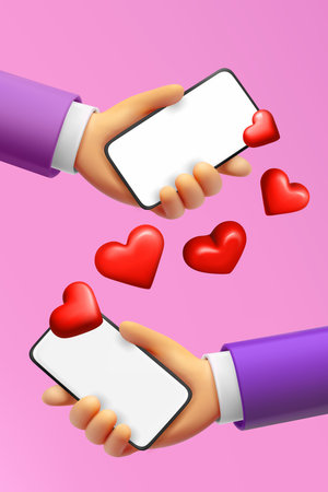 Sending love messages to friend via smartphone. 3d vector illustrationのイラスト素材