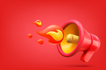 Red bullhorn with flames. Hot news concept. Vector 3d illustrationのイラスト素材