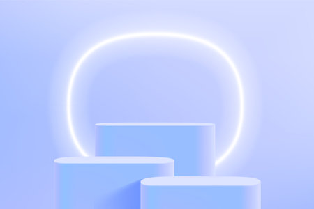 Blue studio with podium and neon light. 3d vector illustration with copy spaceのイラスト素材