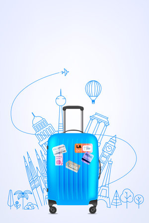 Color plastic travel bag with famous world sights. 3d vector illustration with copy spaceのイラスト素材