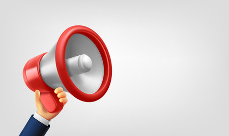 Bullhorn in a hand. Promotion concept. 3d vector illustration with copy spaceのイラスト素材
