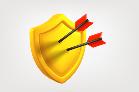 Golden shields with two arrows isolated on white background. 3d vector clipartのイラスト素材