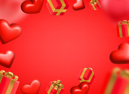 Gift boxes and flying hearts. Happy Valentines day frame with copy space. 3d vectorのイラスト素材
