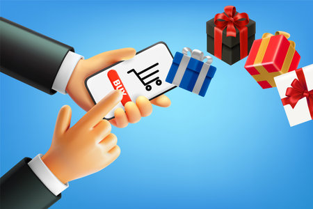 Man buying gifts via internet with smartphone. 3d vector illustrationのイラスト素材