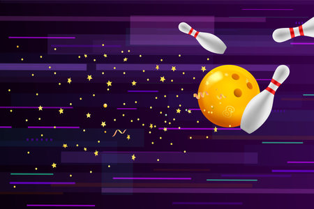 Flying bowling ball with skittles on abstract background. 3d vector illustrationのイラスト素材