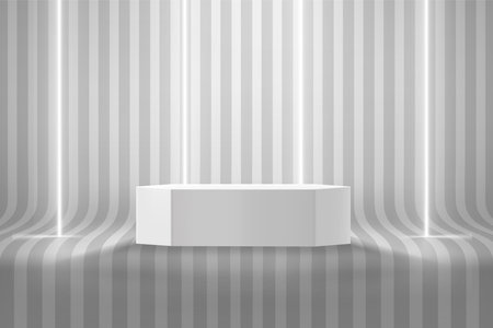 Empty room with podium and neon lamps and stripes on the floor. 3d style vector illustrationのイラスト素材
