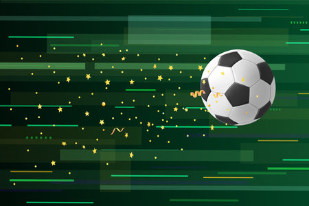 Flying soccer ball with golden confetti on abstract green background. 3d vector illustrationのイラスト素材