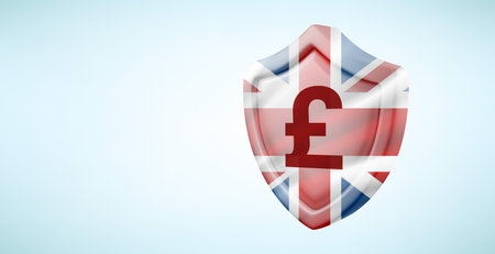 Metal shield with GBP currency sign isolated on white background. 3d vector banner with copy spaceのイラスト素材