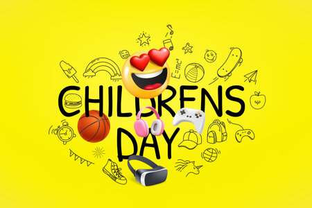 Childrens day greeting card with doodlÑ and 3d elementsのイラスト素材
