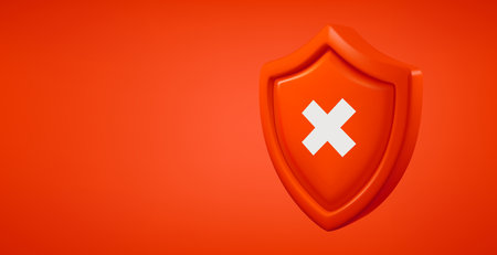 Red shield with white cross isolated on red background. 3d vector banner with copy spaceのイラスト素材