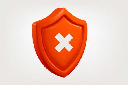 Red shield with white cross isolated on white background. Forbidden concept. 3d vector bannerのイラスト素材