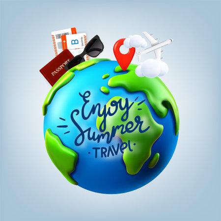 Enjoy summer travel concept. 3d vector banner with lettering labelのイラスト素材