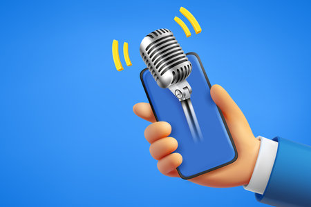 Man holding smartphone with audio podcast. 3d vector banner with copy spaceのイラスト素材