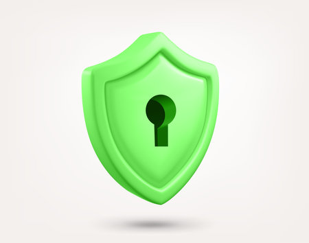 Green shield with keyhole isolated on white background. 3d vector illustrationのイラスト素材