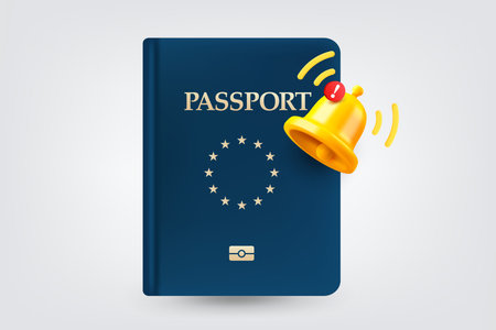 Blue passport with ringing bell. Vector 3d illustrationのイラスト素材