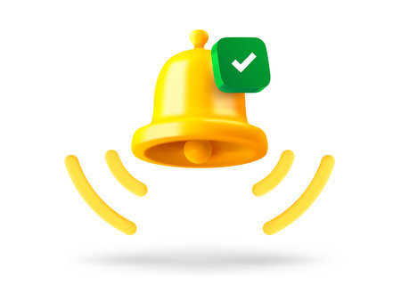 Ringing bell with checkmark icon. 3d vector object isolated on white backgroundのイラスト素材