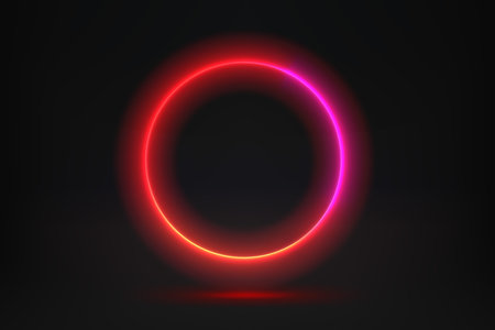 Abstract studio with red glowing circle frame. 3d vector illustration with neon effectのイラスト素材