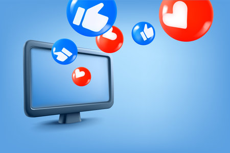 Social media reaction with red hearts and thumbs symbols. 3d vector illustrationのイラスト素材
