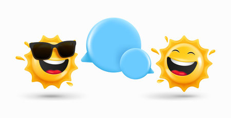 Two happy sun emoji with speech bubbles. 3d vector illustrationのイラスト素材