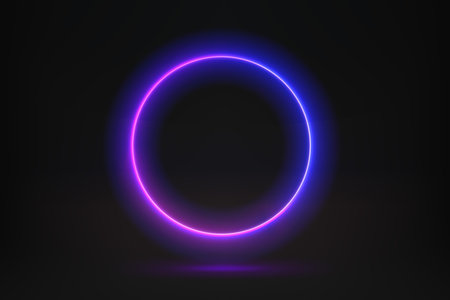 Abstract studio with violet glowing circle frame. 3d vector illustration with neon effectのイラスト素材