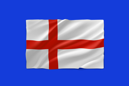 Waving english flag on blue background. 3d vector illustrationのイラスト素材