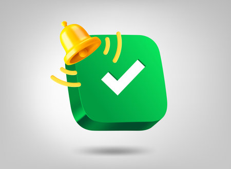 Green button with check mark with ringing bell. 3d vector illustrationのイラスト素材