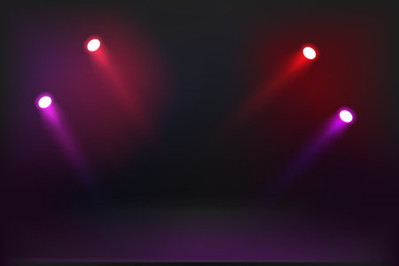 Dark stage illuminated with color projectors. Vector illustrationのイラスト素材