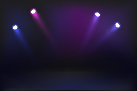 Dark stage illuminated with color projectors. Vector illustrationのイラスト素材