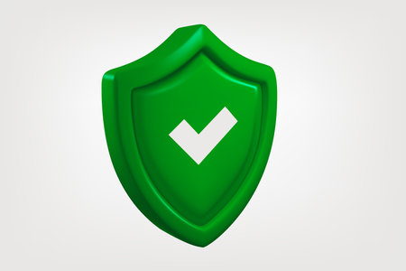 Green shield with white checkmark isolated on white background. Approved concept. 3d vector bannerのイラスト素材