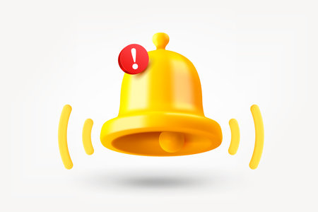 Golden shining notification bell with exclamation point. Vector 3d illustration isolated on white backgroundのイラスト素材