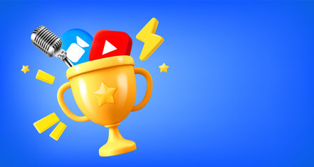 Game achievement concept with gold cup with media icons. 3d vector banner with copy spaceのイラスト素材