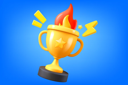 Game achievement concept with gold cup and flame. 3d vector illustrationのイラスト素材