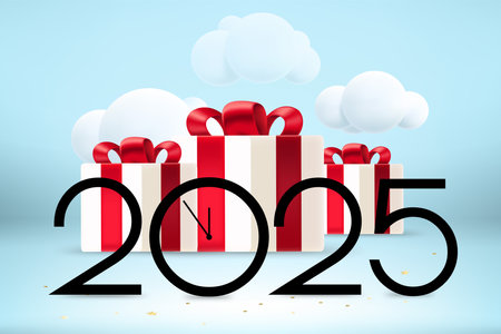 Happy new 2025 year greeting card. Composition with digits, clock pines and gift boxes. 3d vectorのイラスト素材