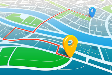 Abstract city map with red pins. Find the way concept. 3d vector illustrationのイラスト素材