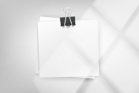 Stack of white paper stickers on bright background with window light. 3d vector mockupのイラスト素材