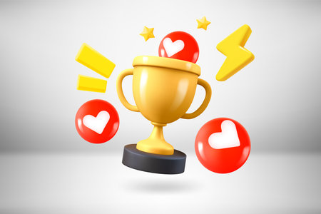 Golden cup with social media icons. 3d vector illustrationのイラスト素材