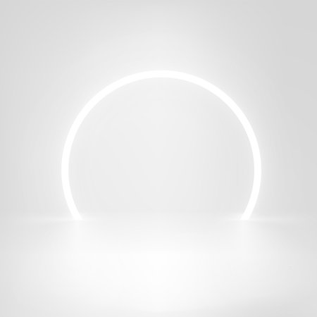 Bright studio template with neon frame. 3d vector showcaseのイラスト素材
