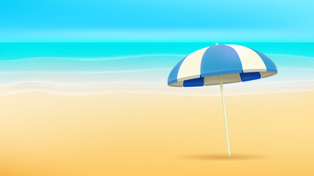 Beach with blue umbrella. 3d vector illustration with copy spaceのイラスト素材