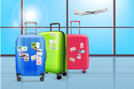 Travel bags in airport interior. 3d vector illustrationのイラスト素材