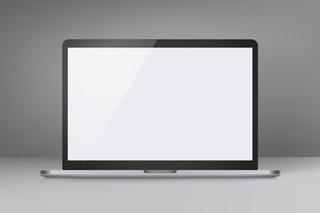Modern laptop in dark interior. 3d vector mockupのイラスト素材