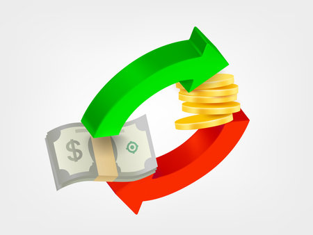Two arrows with banknotes and coins. Money exchange concept. 3d vector illustrationのイラスト素材