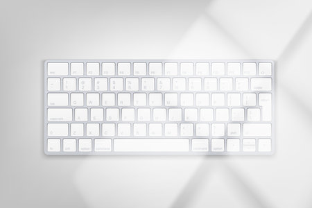 Modern white keyboard on bright background with window light. 3d vector mockup