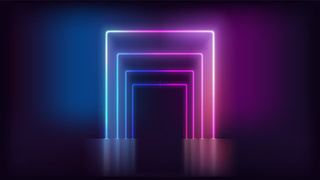 Blue and red neon glowing gates on dark background. Template for designのイラスト素材